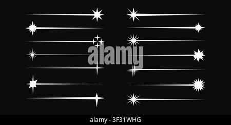 Set of vector celestial star dividers. Simple shooting sparkle lines, radiant starbursts, sleek horizontal highlight streaks. Clean high contrast vector separators isolated on a background. Stock Vector
