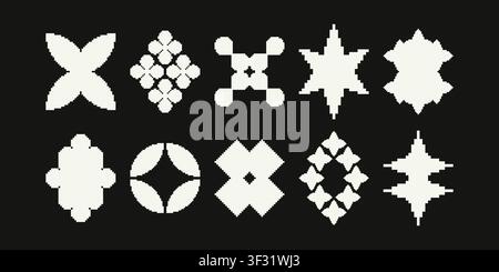 Set of retro pixel art geometric shapes and abstract masks. Minimal 8-bit style frames and design elements isolated on background. Stock Vector