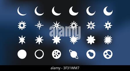 Minimal celestial silhouette symbols isolated on a gradient background. Hand drawn white star, moon, crescent, and planet icons vector design elements. Stock Vector