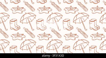 Seamless rain autumn pattern with umbrella, rubber boot and paper boat. Line art style doodle sketch. Weather concept. illustration for greeting card Stock Vector