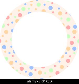 Round frame with colorful dots pattern. Circular vignette for photo with cute confetti texture. Birthday party celebration concept. Positive vibes decorative element. Vector flat illustration. Stock Vector