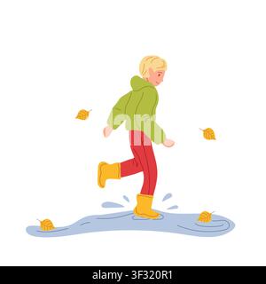 Boy in rubber boots splashing through puddles. Fun rainy day play. Vector illustration for childrens weather themed poster Stock Vector