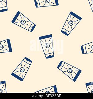 Seamless pattern with sunscreen tubes. Background on the theme of skin protection from sun rays. Print for packaging, design, vector graphics Stock Vector
