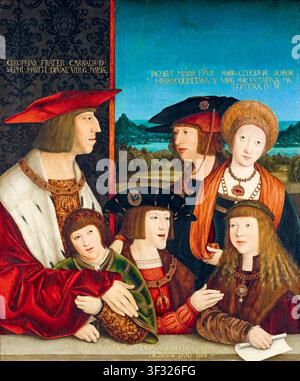 Emperor Maximilian I (1459-1519) Holy Roman Emperor, with his son Philip the Fair (Philip I of Castile, 1478-1506), his wife Mary of Burgundy (1457-1482), his grandsons Charles V (1500-1558) and Ferdinand I (1503-1564), and his granddaughter Mary of Austria (1505-1558), family portrait painting in oil on wood by Bernhard Strigel, 1516-1520 Stock Photo