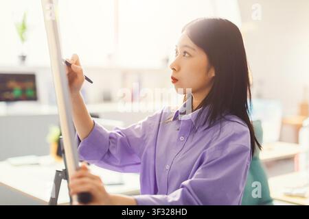 Focused Asian Female Professional Writing On Whiteboard In Office, Business Concept Stock Photo