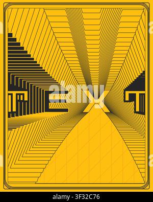 Dynamic optical illusion text poster yellow black wall art abstract lettering poster with layered geometry balanced structure and vivid dimensional Stock Vector