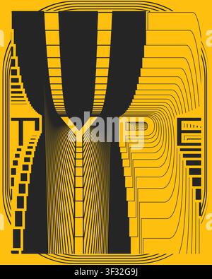 Optical illusion text typography poster yellow black geometric depth abstract text art with radial energy layered forms and powerful contrast Stock Vector