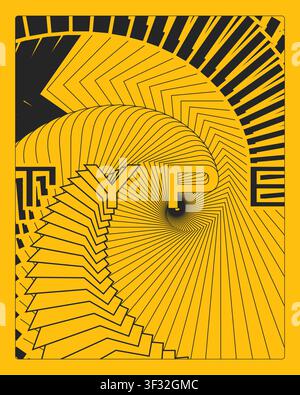 Optical illusion text typography poster yellow black geometric depth bold sans serif lettering with distortion symmetry and strong modern visual Stock Vector