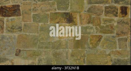 A seamless texture of an old, weathered stone wall with irregular shaped stones, mortar joints, moss, and lichen. Stock Photo