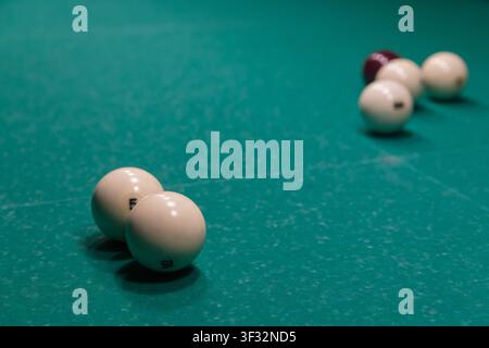 Billiard Balls Arranged on a Green Pool Table with Copy Space Stock Photo