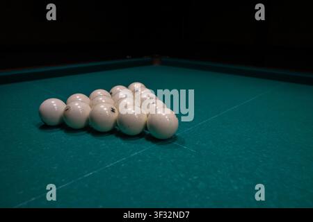 Billiard Balls Arranged on a Green Pool Table with Copy Space Stock Photo