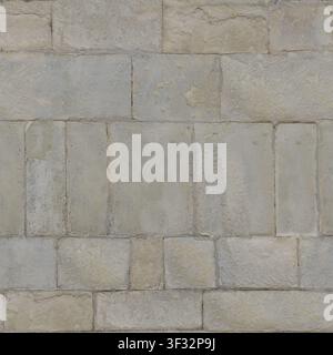 A seamless beige limestone ashlar block wall texture featuring large cut stone blocks with fine mortar joints. Stock Photo