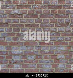 A flat dark red-purple weathered brick wall texture with white mineral salt stains and grey mortar. Stock Photo