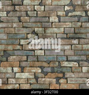 A seamless texture featuring a rustic, weathered brick wall with varied earthy tones. Stock Photo
