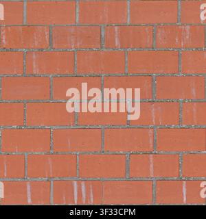Close-up of a weathered red brick wall showing efflorescence white stains and grey mortar joints. Stock Photo
