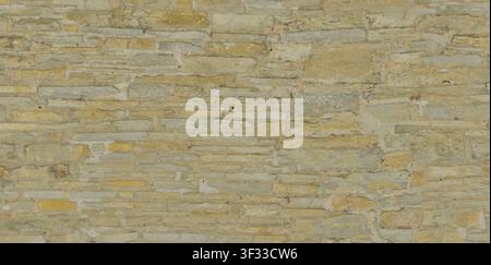A seamless texture of a light beige ashlar stone wall with irregular horizontal blocks and thin mortar joints. Stock Photo