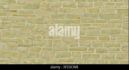 A detailed view of a light beige limestone wall with horizontal block pattern and light mortar. Stock Photo
