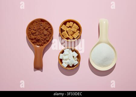 Assortment of sugar on pink background. Muscovado, white crystal sugar, white sugar cubes and brown sugar cubes. Stock Photo