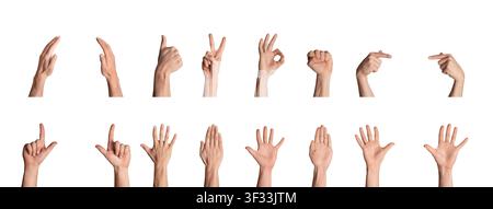 Collage of various hand gestures and signs, isolated on white background Stock Photo