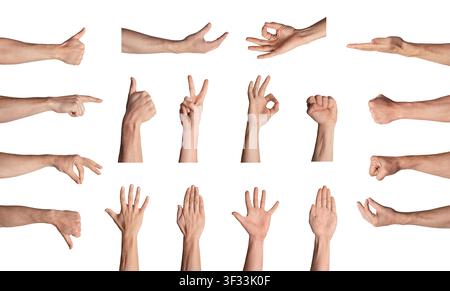 Collection of male hands gesturing different signs on white background, isolated. Collage Stock Photo