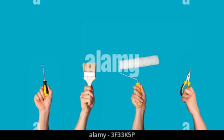 House redecoration concept. Collage with male hands holding different tools over blue background, free space Stock Photo