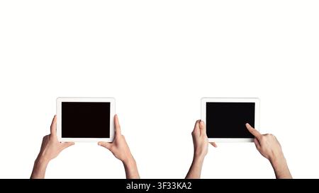 Modern technologies. Unrecognizable young guy with tablet computers, isolated. Collage with mockup for design Stock Photo