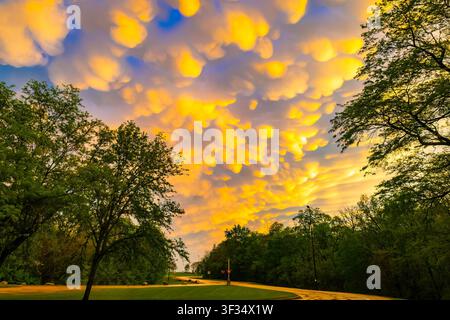 Dramatic mammatus clouds glowing at sunset after a passing storm in the evening sky Stock Photo