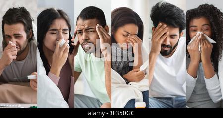 Sick Diverse Group Of Young Adults Experiencing Cold Symptoms, Healthcare Concept Stock Photo