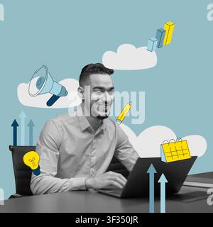 Smiling Young Man Working On Laptop In Office, Business Concept Stock Photo