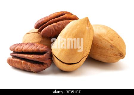 Whole pecan nut in shell and cracked pecan kernel isolated on white background Stock Photo