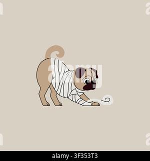 Cute Halloween illustration of a playful pug wrapped in a mummy costume, bowing and interacting with a loose bandage on a minimal beige background. Stock Vector
