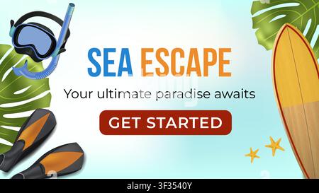 Bright beach banner with snorkel and surfboard. Stock Vector