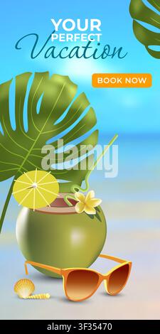 Tropical vacation banner with fresh coconut drink. Stock Vector