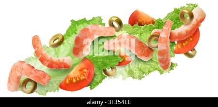 Shrimps, tomatoes, lettuce leaves and olive slices falling against white background Stock Photo