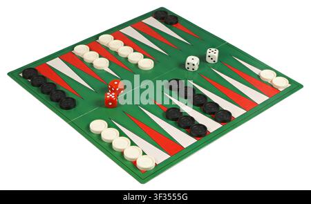 Backgammon game board and pieces isolated on white background Stock Photo