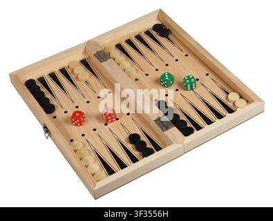 Backgammon game board and pieces isolated on white background Stock Photo