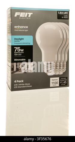 Winneconne, WI - 9 June 2026: A package of Feit electric lightbulb on an isolated background. Stock Photo