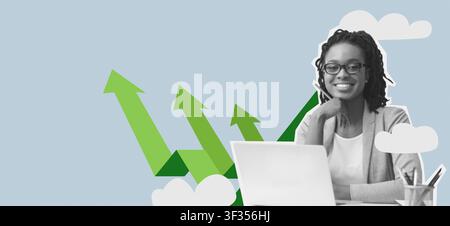 Smiling Black Woman Working On Laptop At Office, Confident And Professional, Business Concept Stock Photo