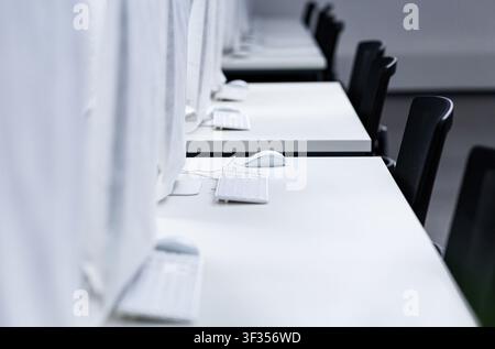Close up of empty computer places for IT workers Stock Photo