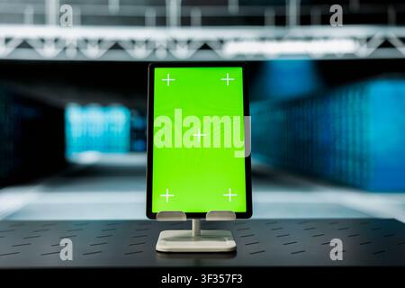 Green screen laptop and tablet overseeing data center electronics driving automation tasks. Mockup digital devices in high tech server room used to do backup of clients sensitive data Stock Photo