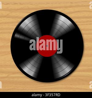 Black vinyl record spins on wooden surface. Stock Vector