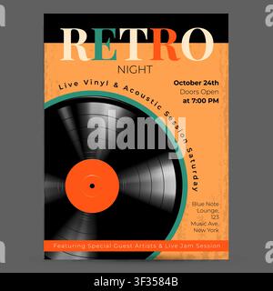 Retro night poster with vinyl record. Stock Vector