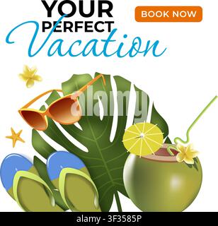 Vacation social banner with island elements. Stock Vector