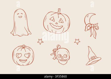 Hand drawn Halloween cute ghost and pumpkin doodle set Stock Vector