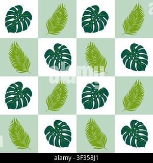 Seamless vector checkered pattern with monstera and palm leaves in green squares. Tropical botanical design for textile, wallpaper, packaging and print. Stock Vector