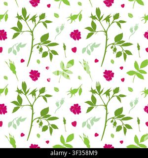 Seamless vector pattern with rose hip branches, flowers, leaves and buds on a white background. Colorful botanical design for textile, packaging, wallpaper and fabric. Stock Vector