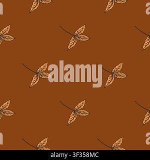 Seamless vector pattern with autumn rose hip leaves on a warm brown background. Botanical repeat design for textile, packaging, wallpaper, fabric and print. Stock Vector