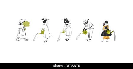 Hand drawn vector graphic sketch line illustration set with various people involved in gardening and watering .Gardening concept vector graphic Stock Vector