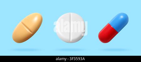 3D Set of different medical pills and tablets Stock Vector