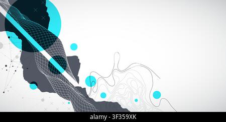 Abstract digital landscape with wireframe terrain, geometric circles, and plexus art. Vector Stock Vector